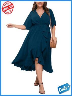 Plus Size Maxi Dress Short Sleeve Wrap V Neck High Low Split Ruffle Long